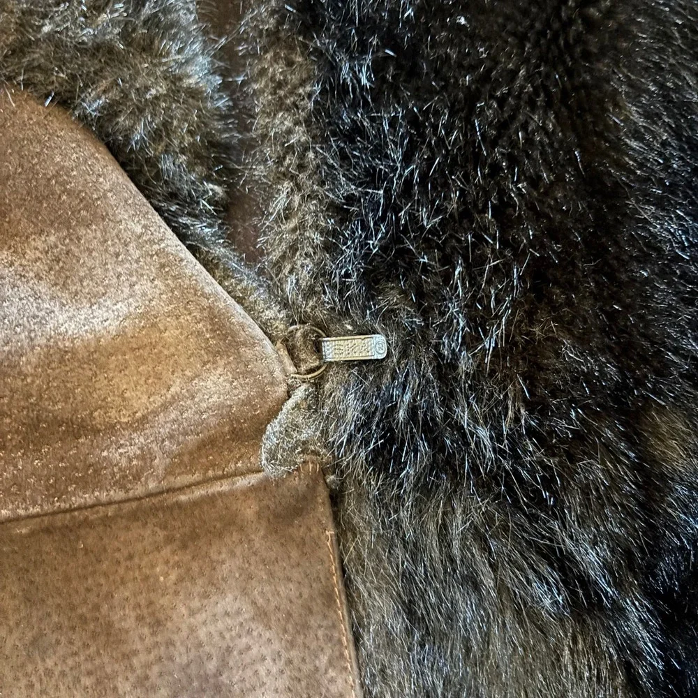 Vintage Rosewin Tissavel Brown Faux Fur Suede Belted Mid Coat Jacket Womens M‎ L
